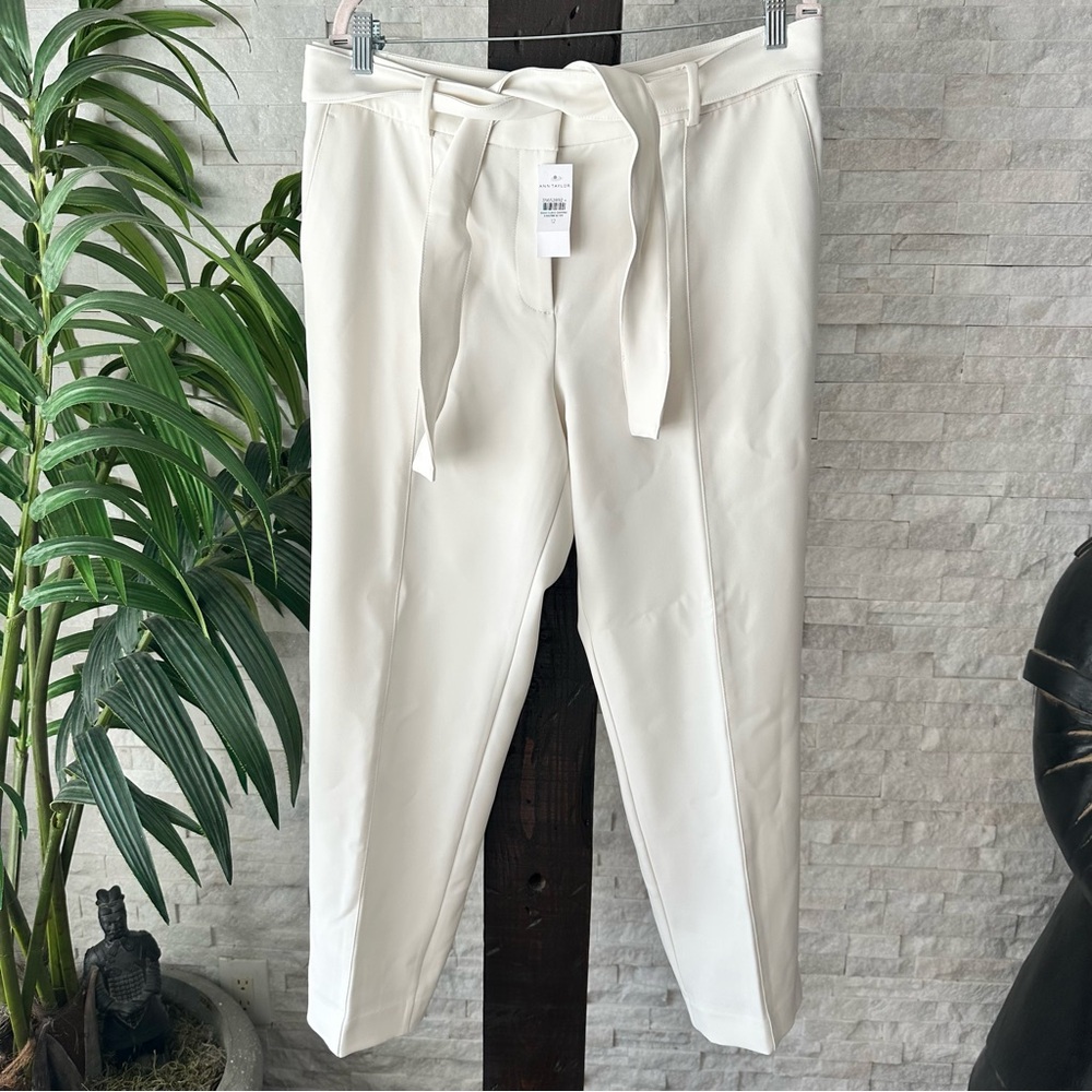 Ann Taylor Cream Off White Crop Tie Waist Belt Trouser Pants Size 12 NWT